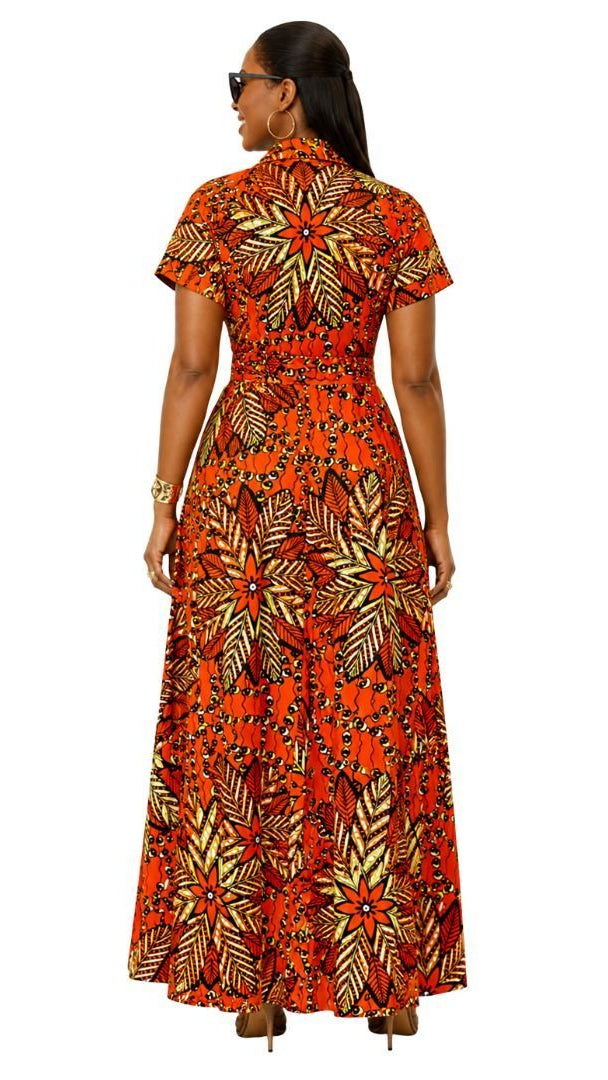 NANNY AFRICAN PRINT MAXI A-LINE SHIRT DRESS [ORANGE]