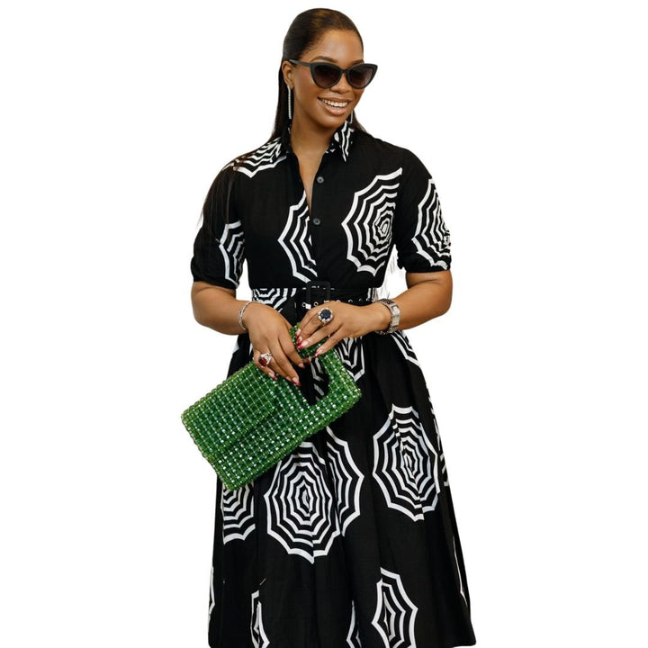 MOREMI AFRICAN PRINT BUTTON DOWN DRESS [BLACK]PRE-ORDER [SHIPS ON OR BEFORE OCT 19TH]