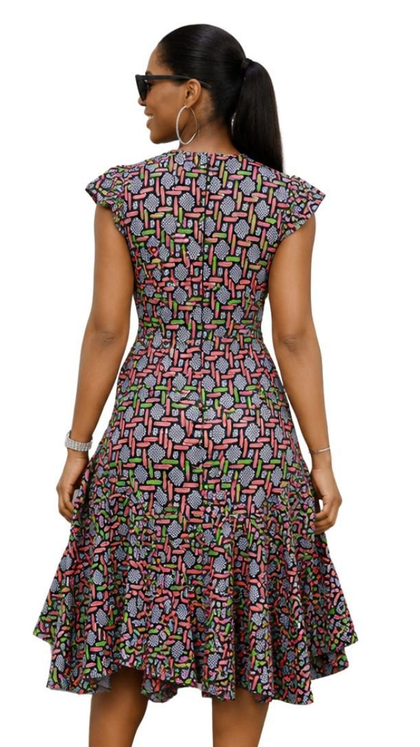 NALA AFRICAN PRINT RUFFLE NECK MIDI DRESS [PINK]