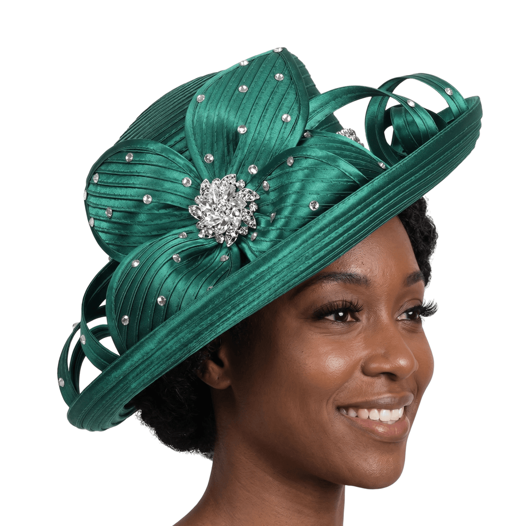 Rhinestone Med Brim Ribbon Hat w/ Flower - Especially Yours