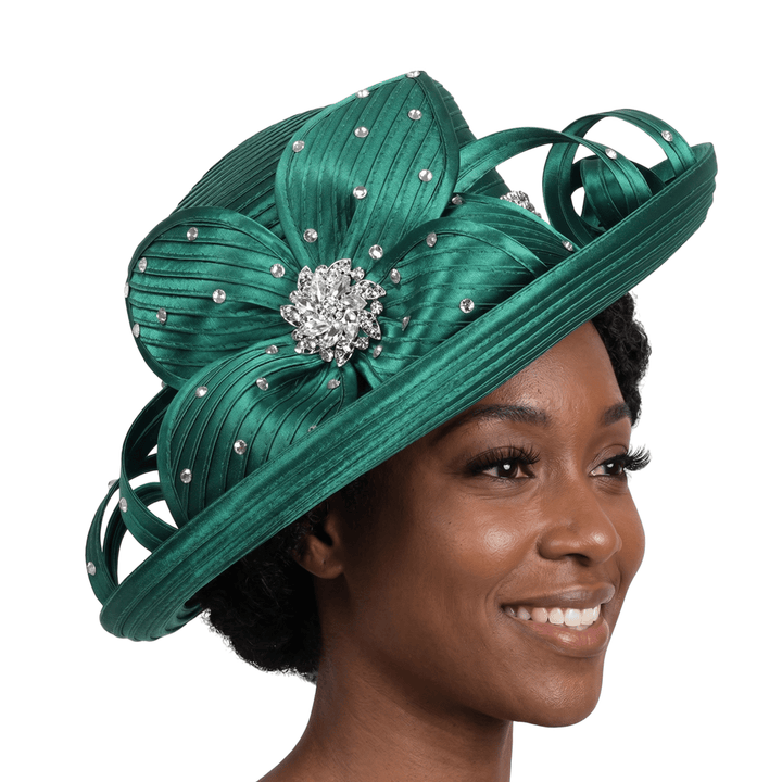 Rhinestone Med Brim Ribbon Hat w/ Flower - Especially Yours
