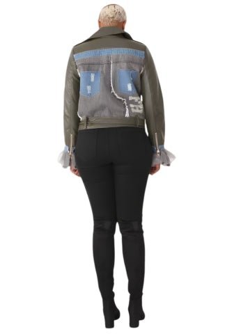 Leather Jacket with Denim Patchwork & Tulle Cuffs -81827 - Especially Yours