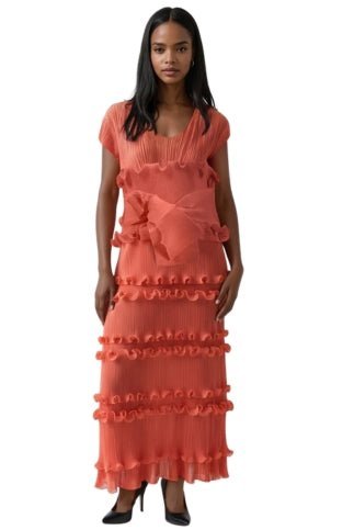 Ruffled Pleated Maxi Dress with Waist Tie - 82948 - Especially Yours