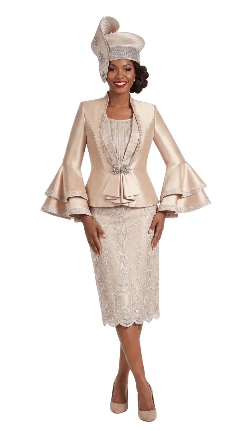 2pc Silky Twl+Lux Lace Skt Suit w/ Bell Slv-Plus