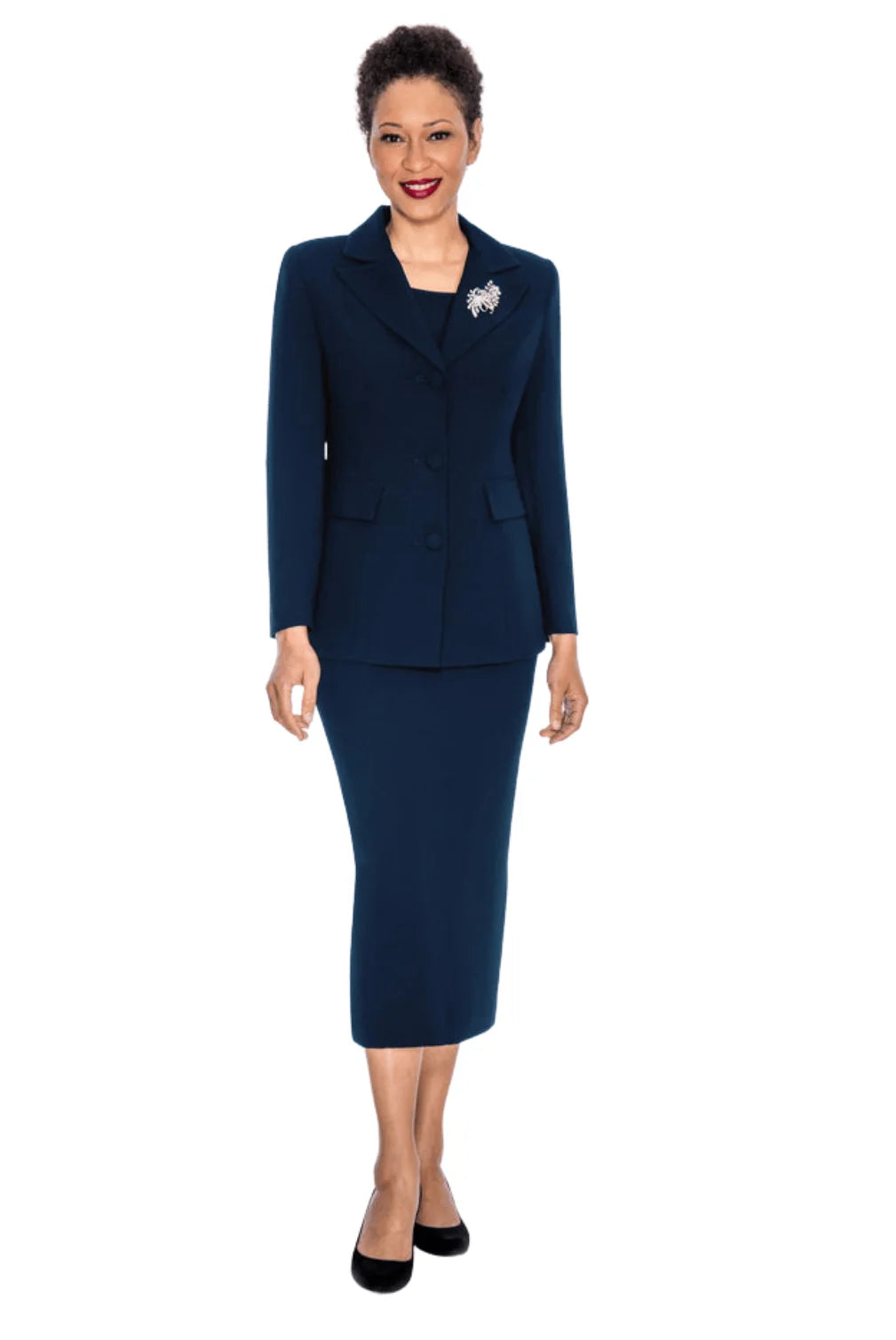 2pc Notch Collar 3-button Skirt Suit w/ Brooch - Plus Size