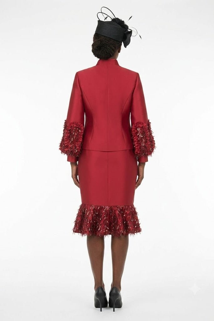 Cranberry Silky Twill Sequin-Fringe 3pc Skirt Suit - Especially Yours