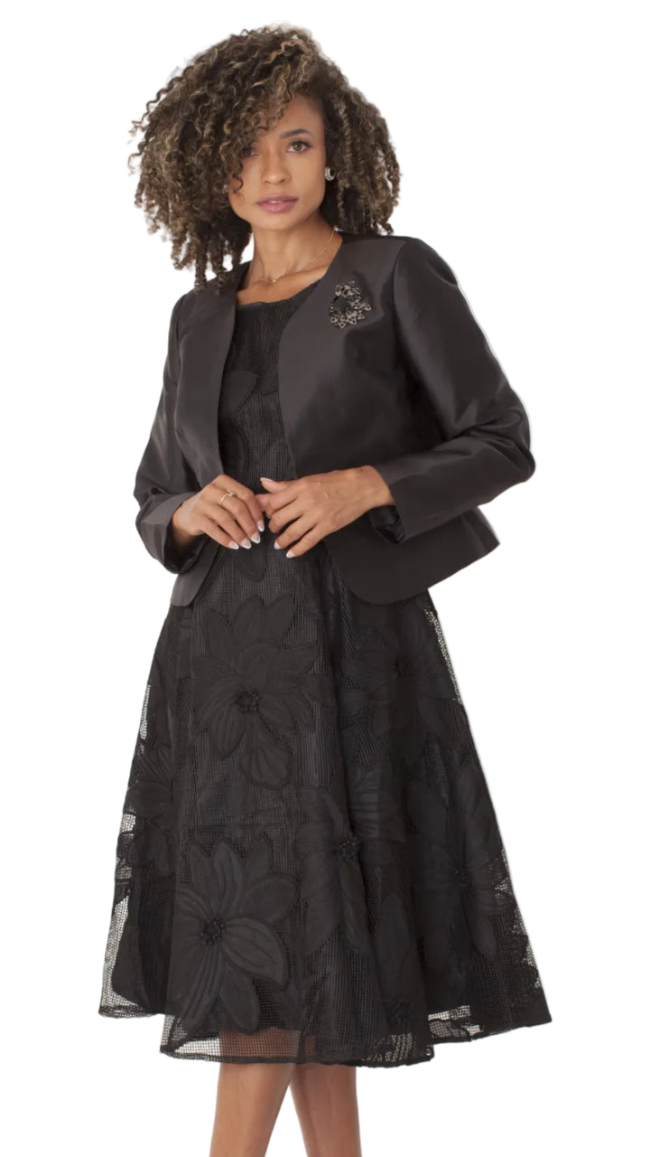 Plus Size Elegant 2-Piece Church Dress with Floral Lace and Jewel Brooch- 4806W
