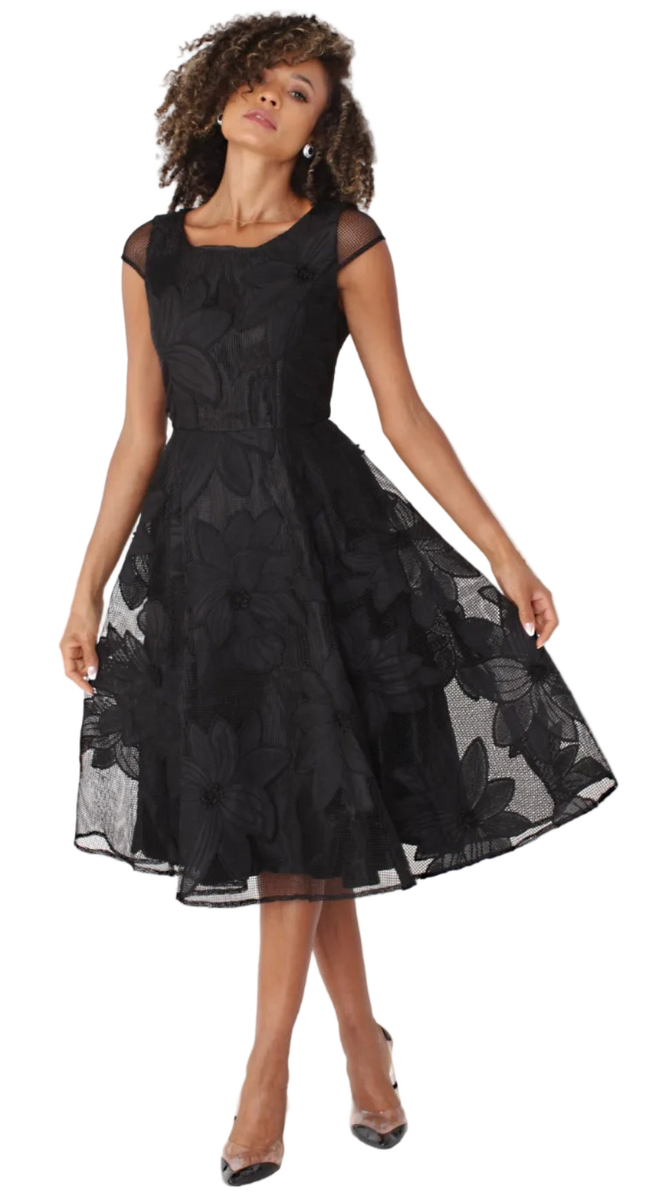 Plus Size Elegant 2-Piece Church Dress with Floral Lace and Jewel Brooch- 4806W