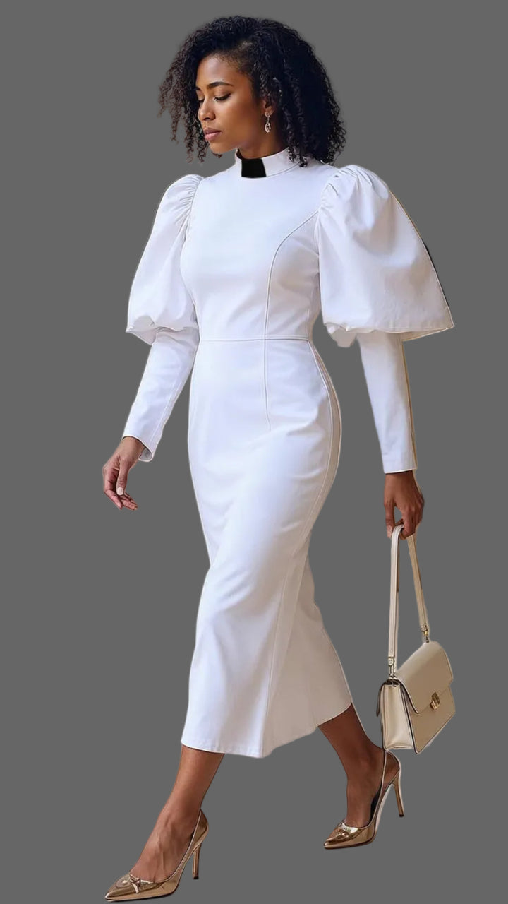 Plus Size Women's Clergy Dress with Puff Sleeves - 4813W