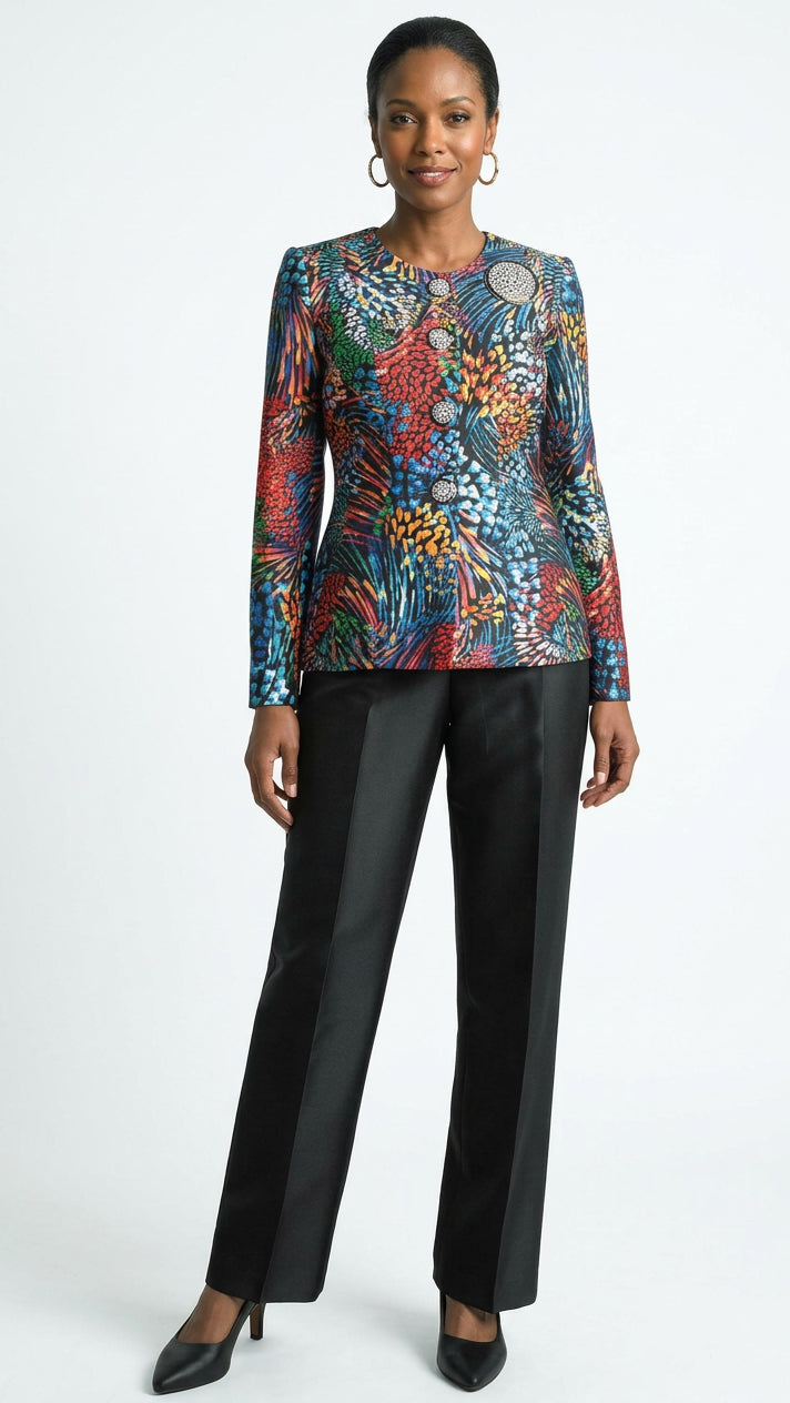 2-Piece Silky Twill Pant Suit w/ Rhinestone Buttons and Brooch 4820