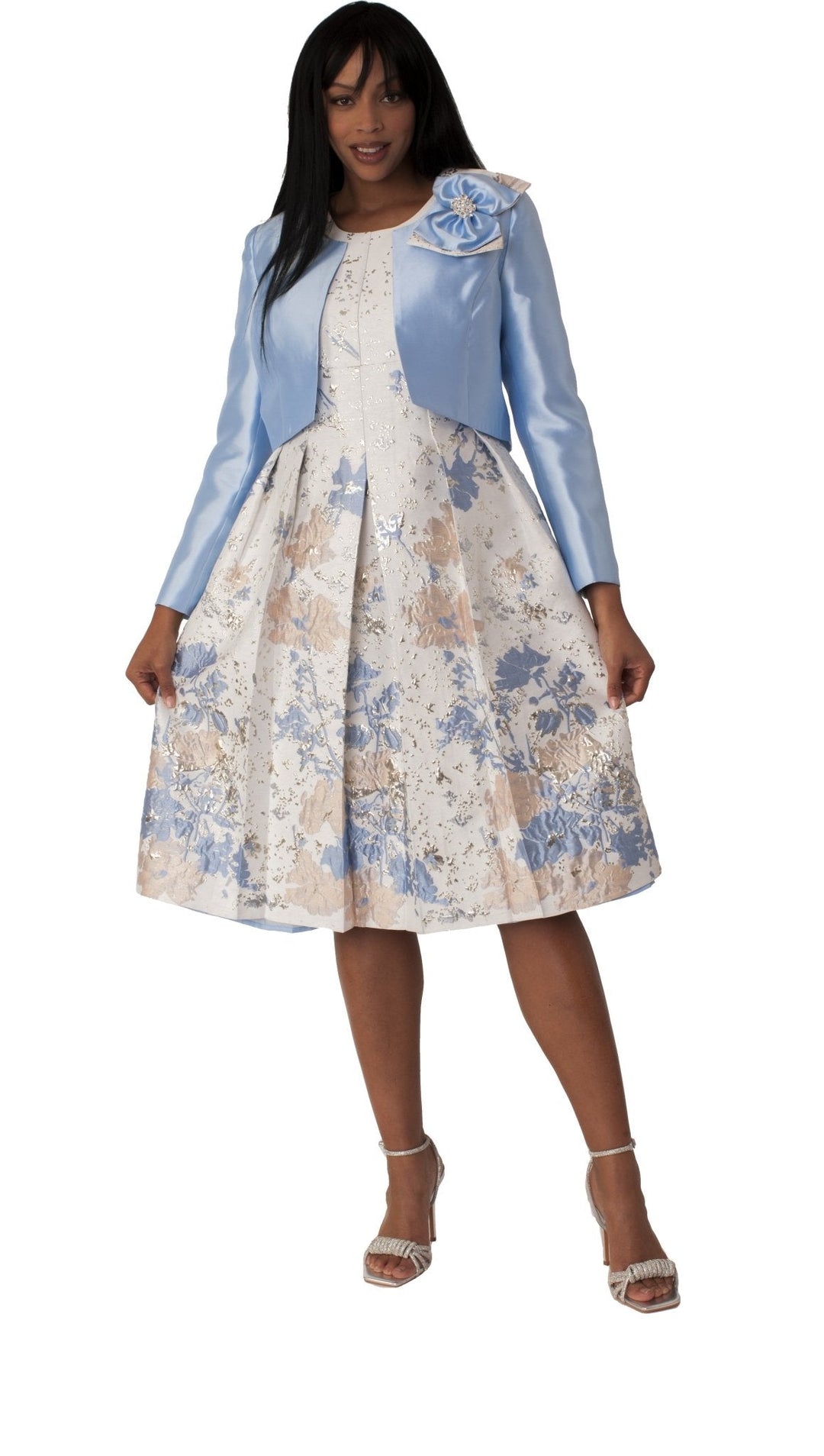 Plus Size Brocade Dress Set with Jacket & Brooch - 4830W - Especially Yours