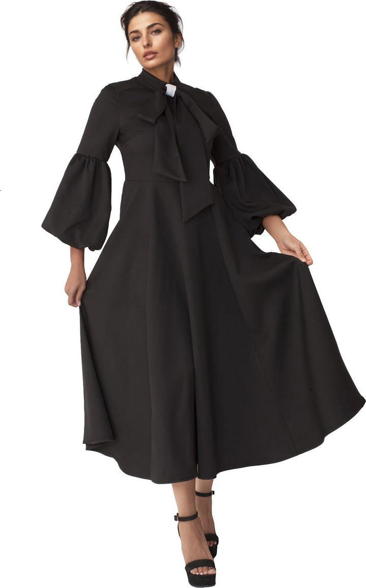 Modest Clergy Dress with Bell Sleeves and Tie Collar – 4846 - Especially Yours
