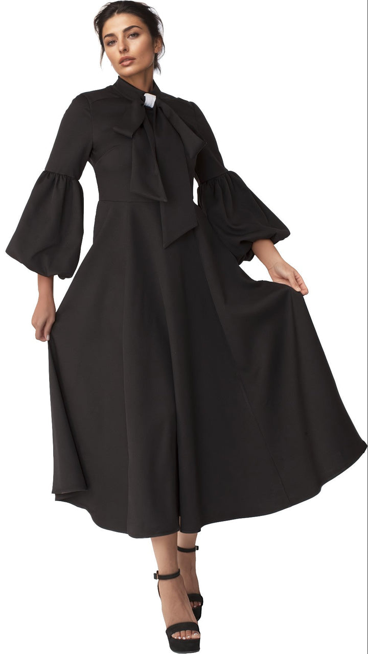 Modest Clergy Dress with Bell Sleeves and Tie Collar – 4846