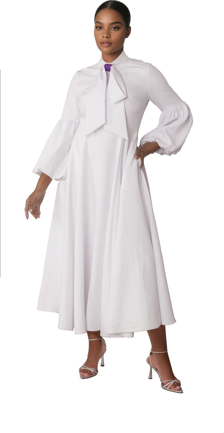 Modest Clergy Dress with Bell Sleeves and Tie Collar – 4846 - Especially Yours