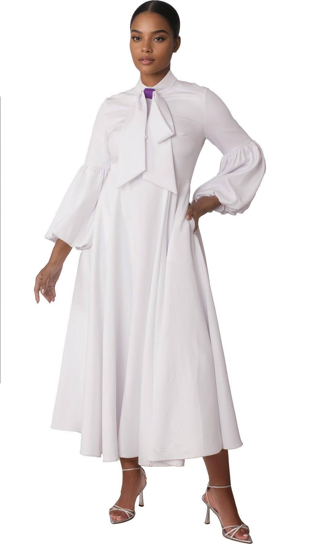 Modest Clergy Dress with Bell Sleeves and Tie Collar – 4846