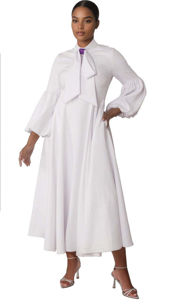 Modest Clergy Dress with Bell Sleeves and Tie Collar – 4846