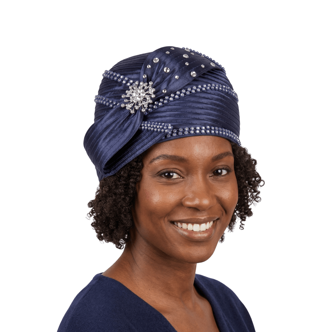 Round Ribbon Hat w/ Brooch and Rhinestoned Strip - Especially Yours