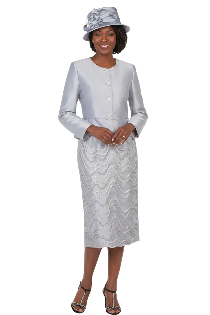 2pc Silky Twill Collarless Jkt + Lace Skirt Suit