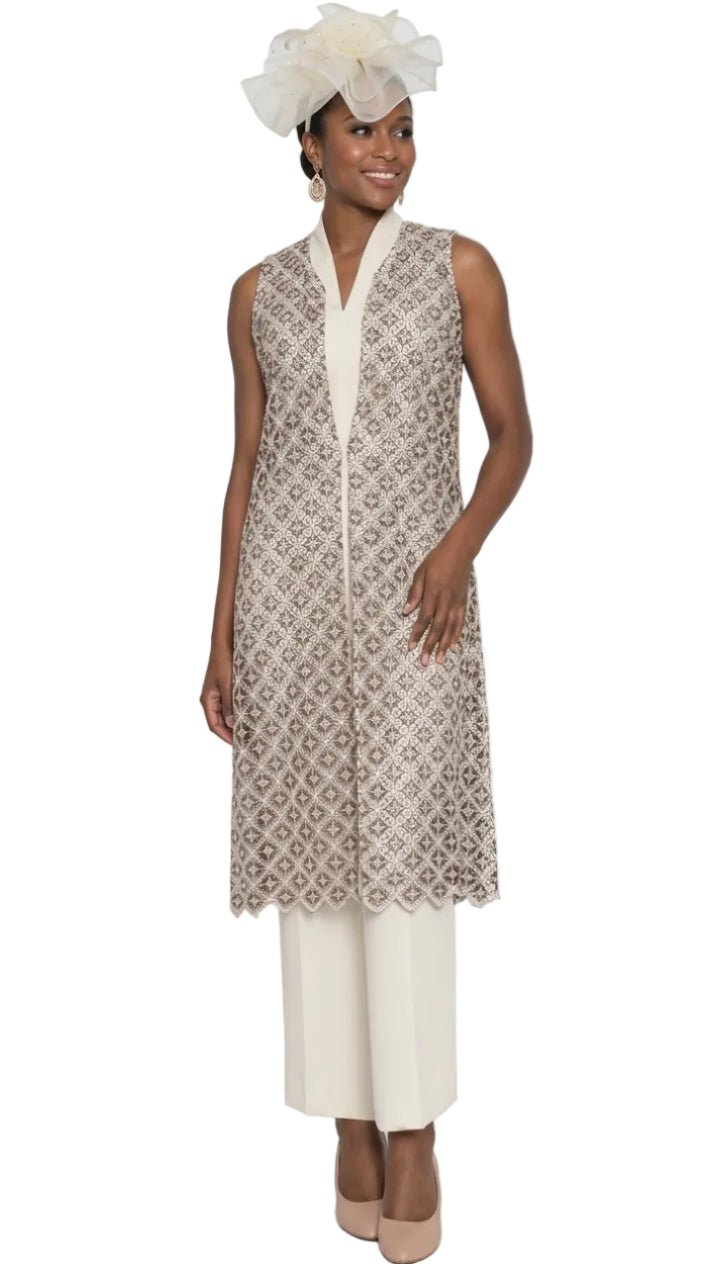 3-Piece French Crepe Pant Suit w/ Lace Vest Duster 5036