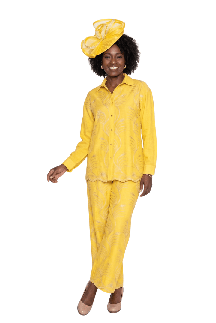 2-Piece Embroidery Pant Suit w/ Cuff Sleeves 5051