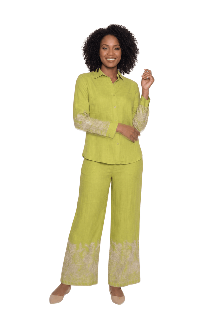2-Piece Embroidery Pant Suit w/ Cuff Sleeves 5052