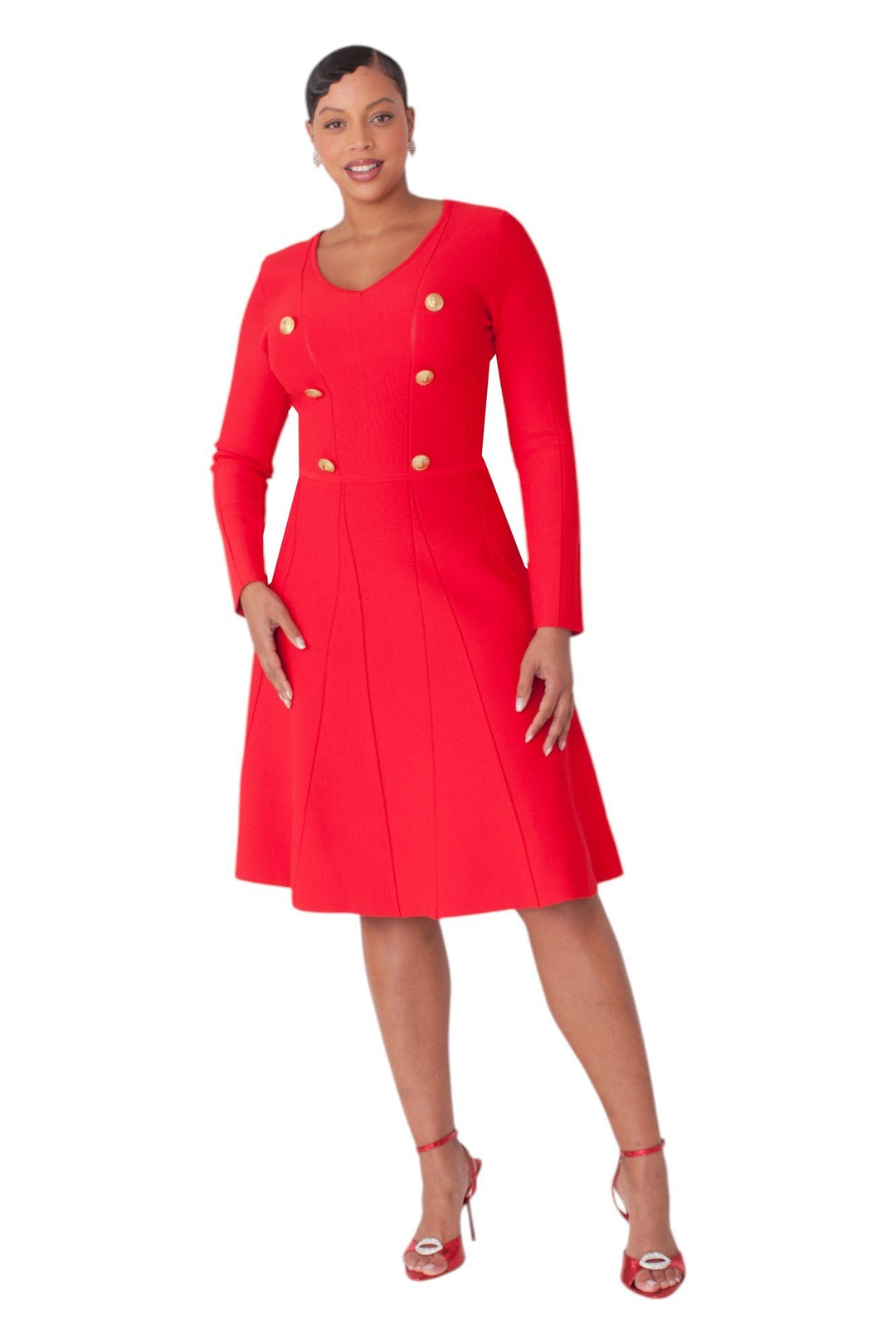 V - Neck Knit Dress with Gold Button Details - 51001 - Especially Yours