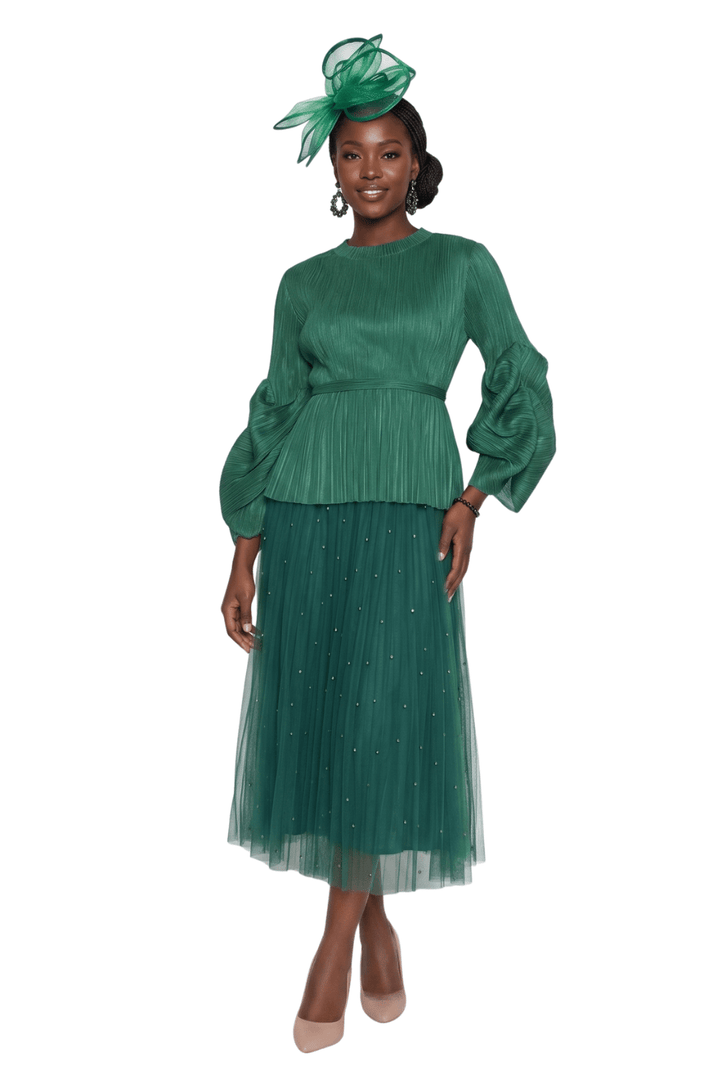 2-Piece Fine Pleated Blouse w/ Elegant Maxi Tulle Skirt w/ Rhinestone 5174