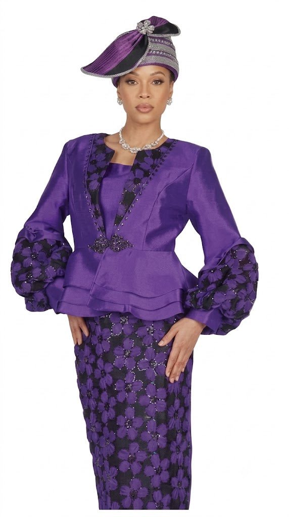 Elite Champagne 6158-PU Women's Purple Floral Skirt Suit with Peplum Jacket - Especially Yours