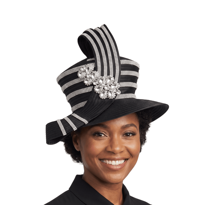 High Crown Rhstn Strip Hat w/ Brooch - Especially Yours