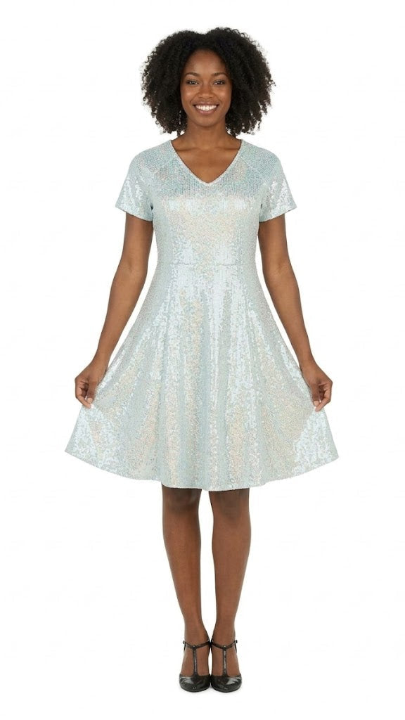 Short Sleeve V-neck Sequins A-line Dress - Plus