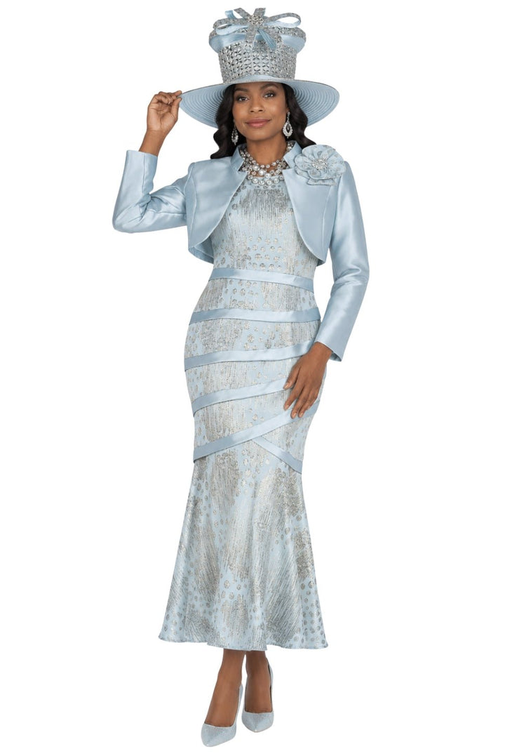 Champagne Italy 6107 Metallic Patterned Dress with Solid Bolero and Brooch - Especially Yours