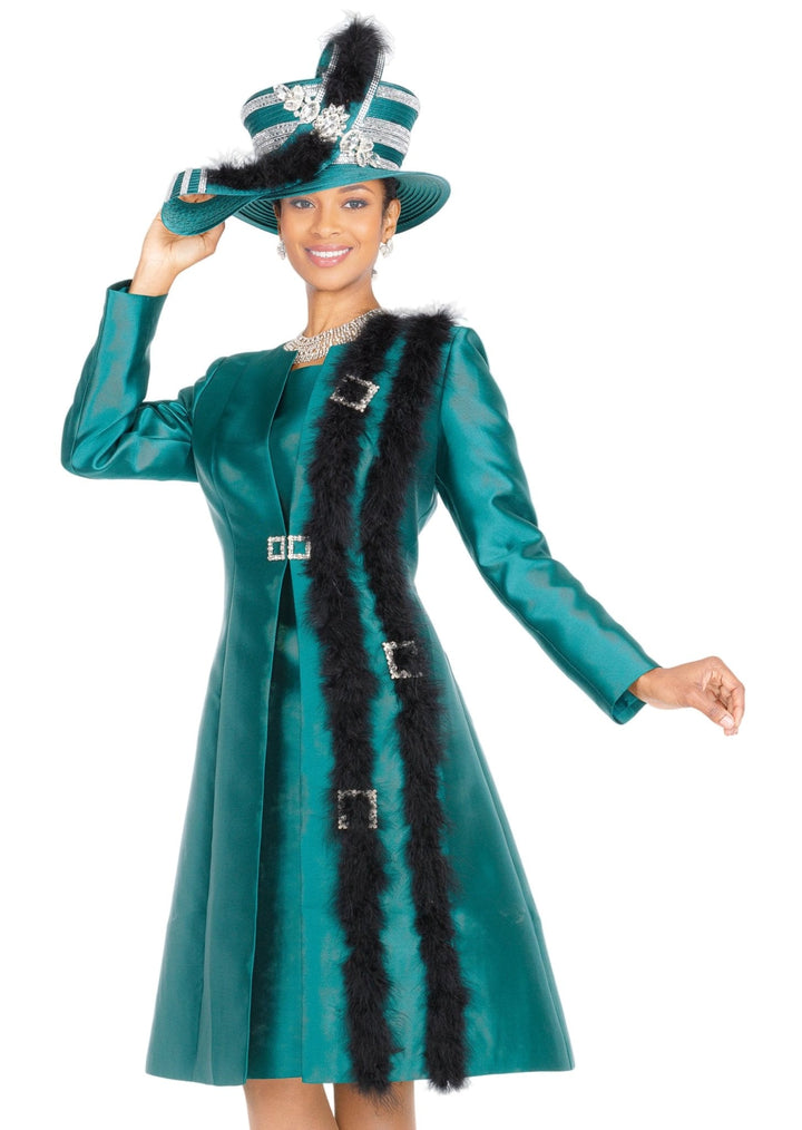 Elegant Green Solid Dress with Feather & Rhinestone Buckle Duster Jacket Set - Especially Yours