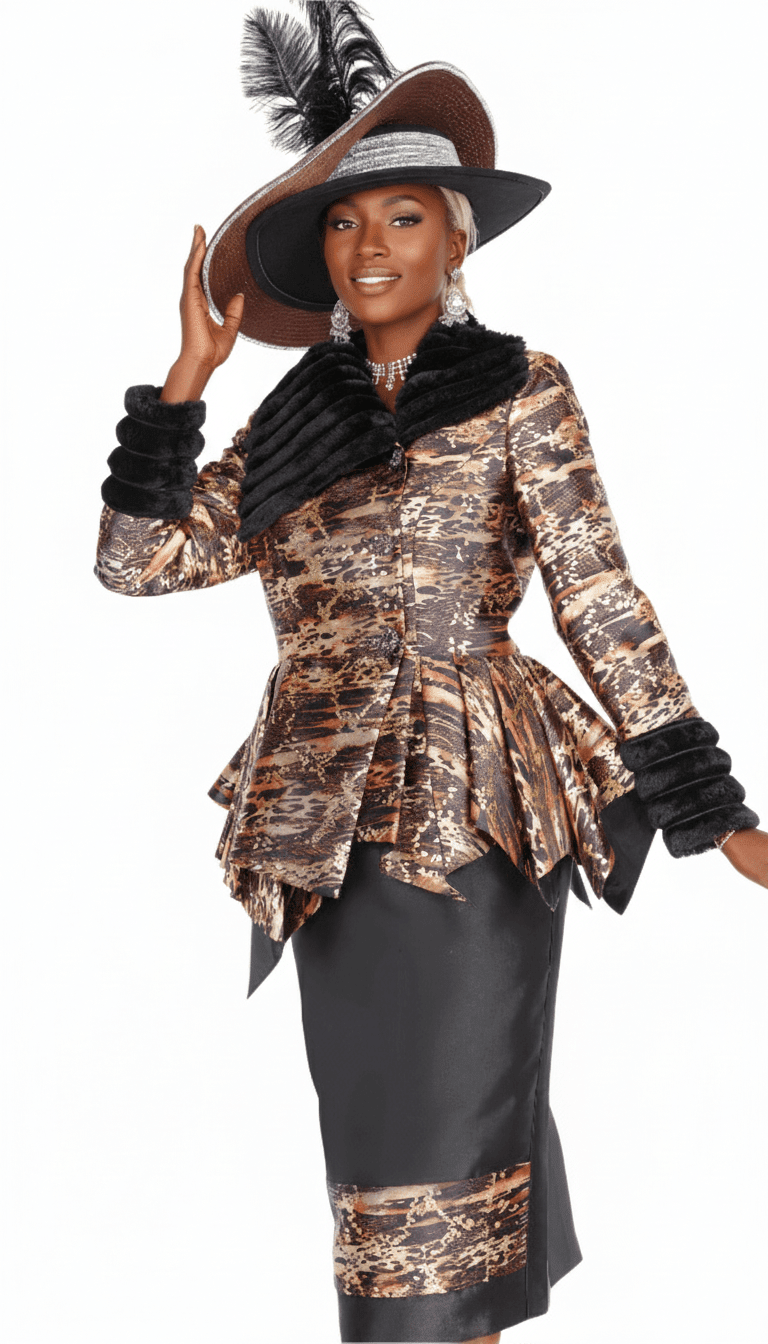 Elegant Champagne Italy 6113 Brown Animal Print Skirt Suit Plush Collar - Especially Yours