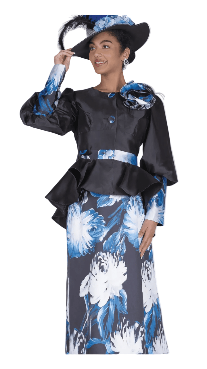 Chic Floral Print Skirt Suit with Peplum Jacket, Royal Accents, & Brooch - Especially Yours