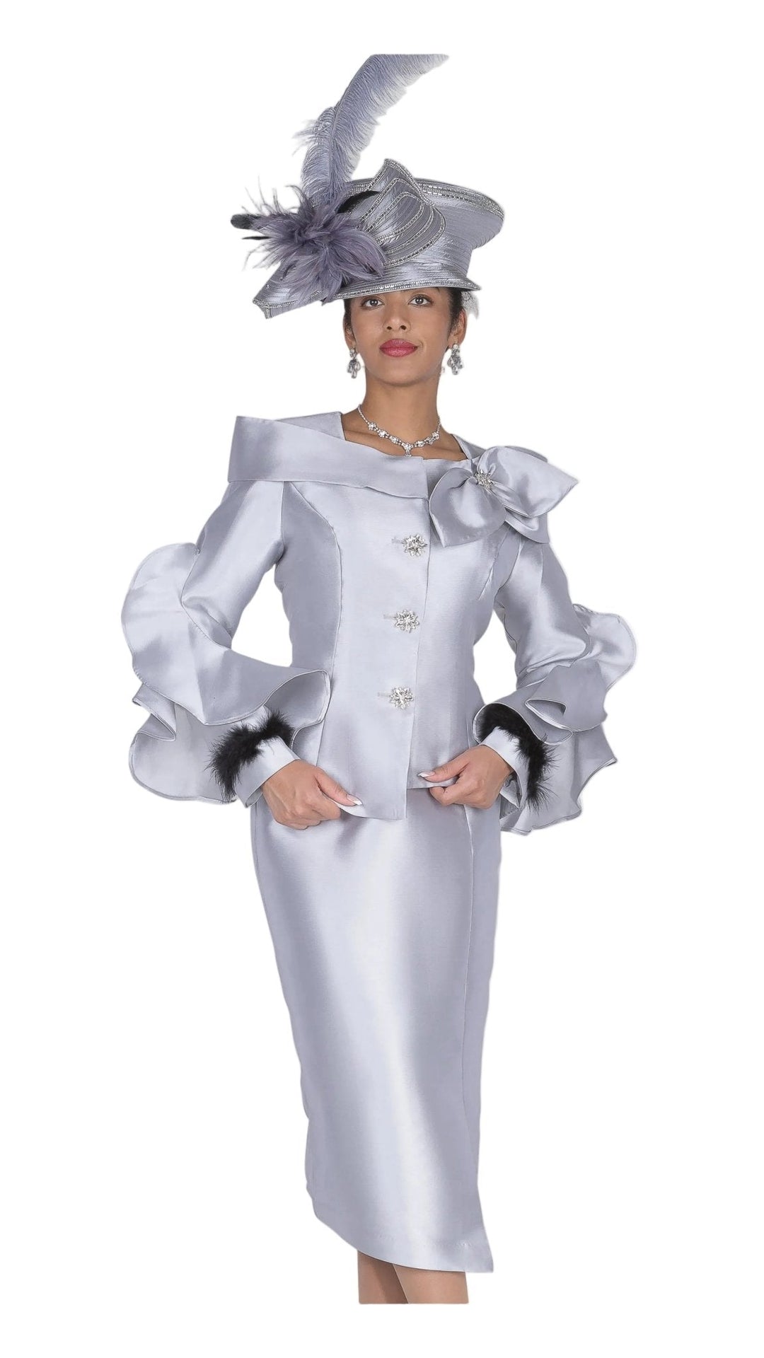 Chic Purple Skirt Suit: Ruffle Sleeves, Rhinestone Buttons, Feather Cuffs - Especially Yours
