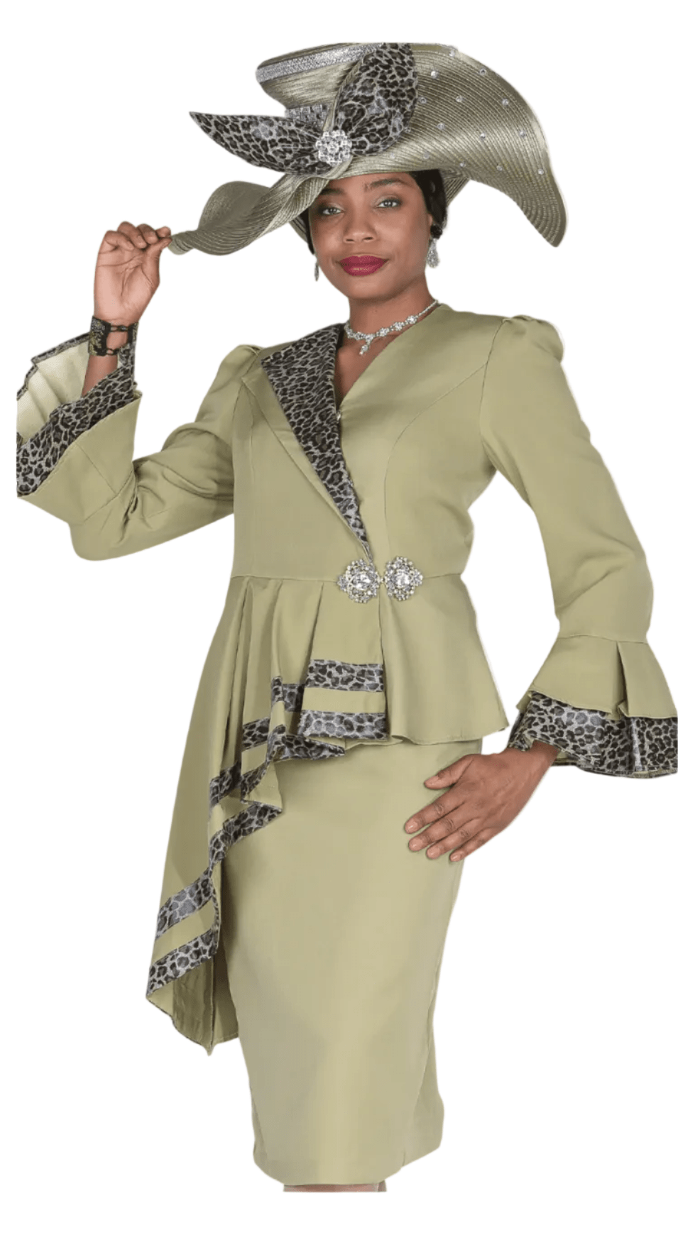 Shop the Elite Champagne animal print skirt suit with high-low peplum and flare sleeves - Especially Yours