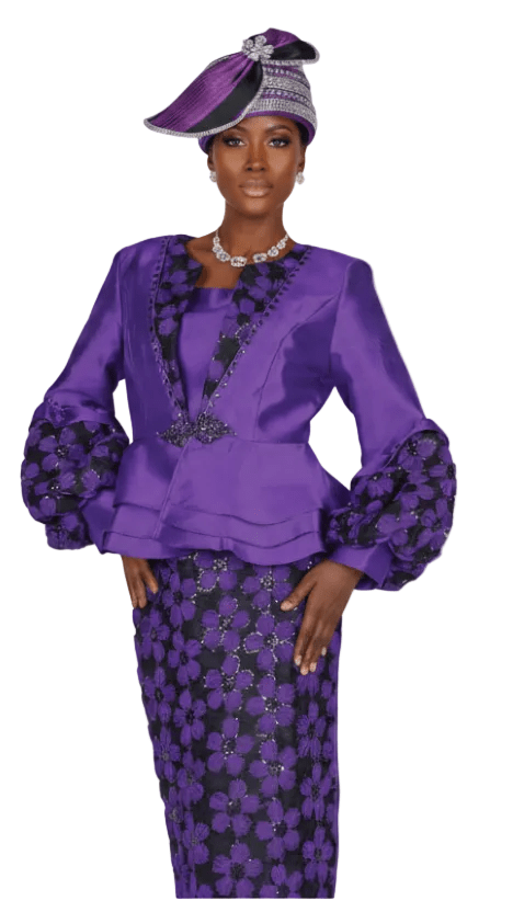 Elite Champagne 6158 - PU Women's Purple Floral Skirt Suit with Peplum Jacket - Especially Yours