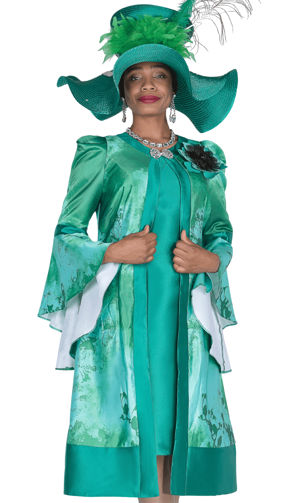Elegant Elite Champagne 6166 - GN Print Duster Sheath Dress Set with Brooch - Especially Yours