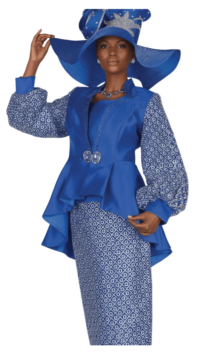 Champagne Italy 6202 Blue Diamond Pattern Skirt Suit with Sparkle Trim Cami - Especially Yours