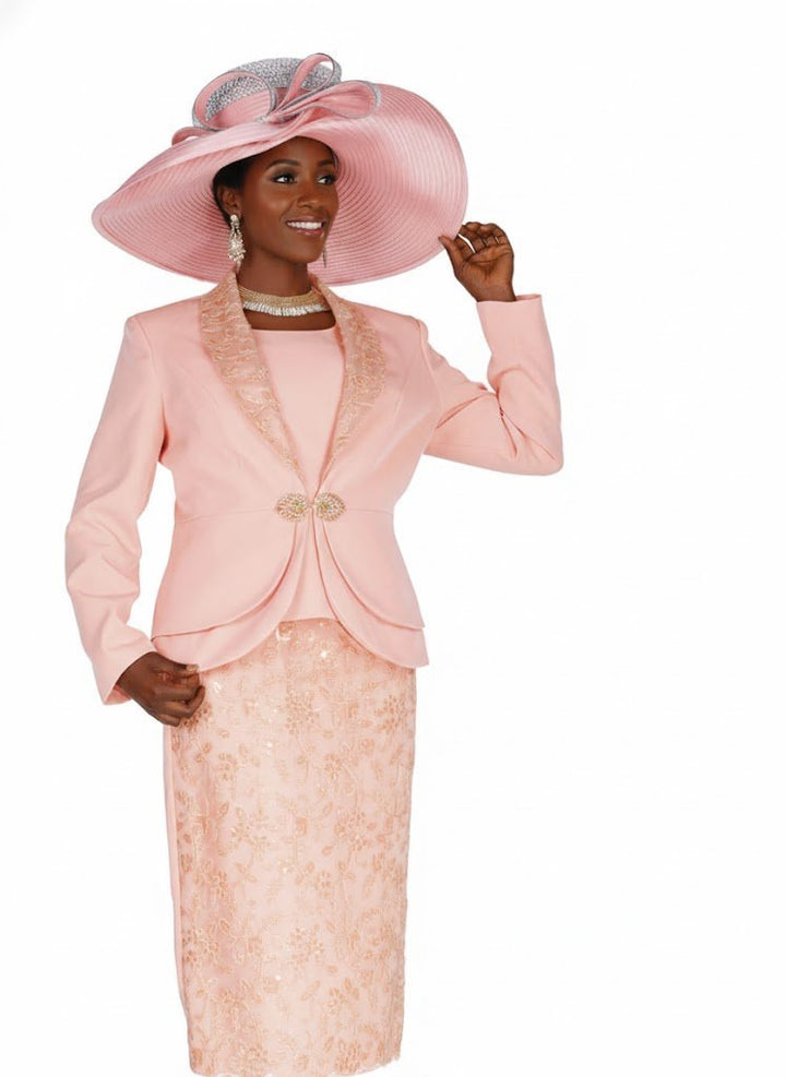 Elite Champagne 6251 - PK Pink Floral Three - Piece Skirt Suit with Rhinestone Clasp - Especially Yours