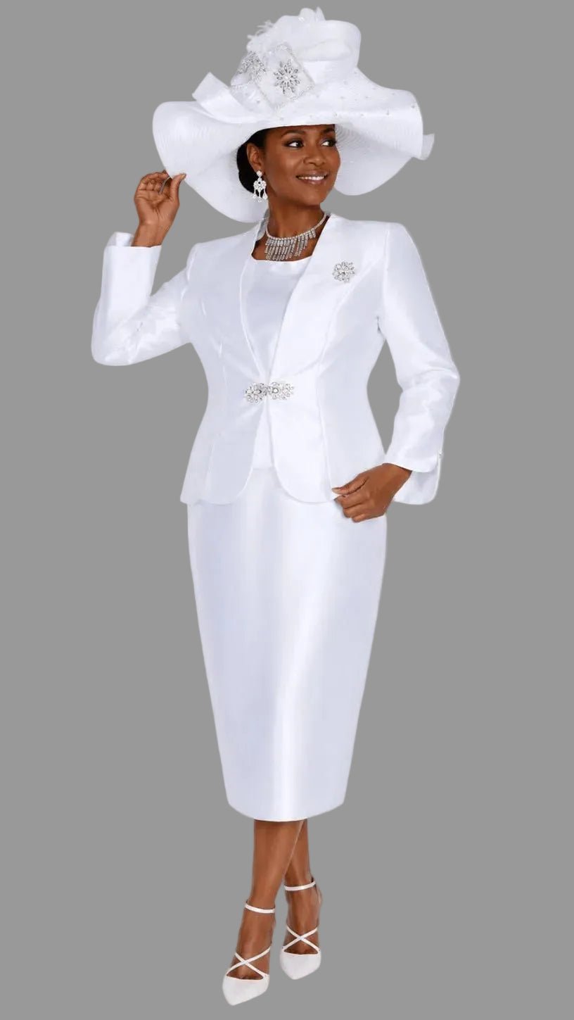 Elegant White Three-Piece Skirt Suit with Rhinestone Brooch for Women 6262 - Especially Yours