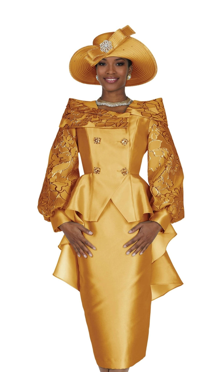 Gold Satin Peplum Church Suit with Lace Sleeves - Champagne Italy - Especially Yours