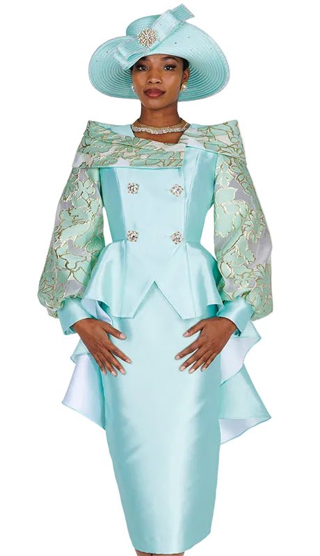 Gold Satin Peplum Church Suit with Lace Sleeves - Champagne Italy - Especially Yours