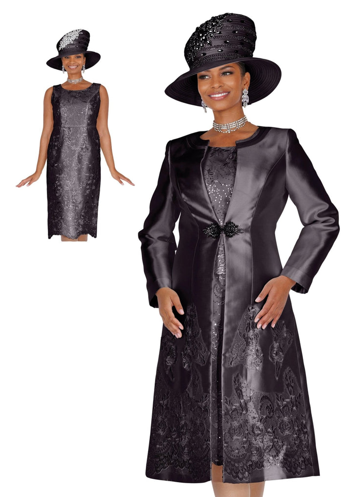 Black Satin Duster Coat Church Suit with Lace Dress - Champagne Italy - Especially Yours