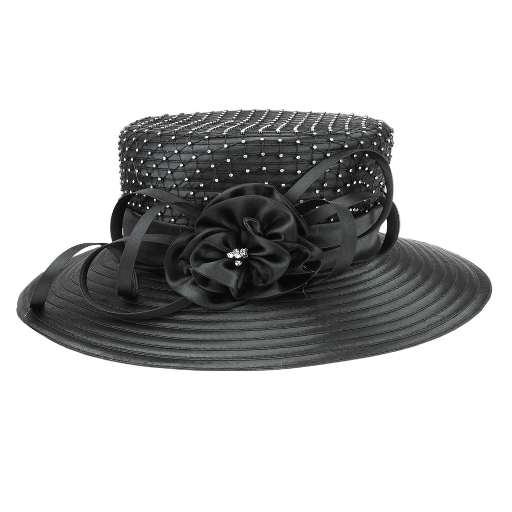 Stone Embellished Flower Bow Accented Dressy Hat - Especially Yours