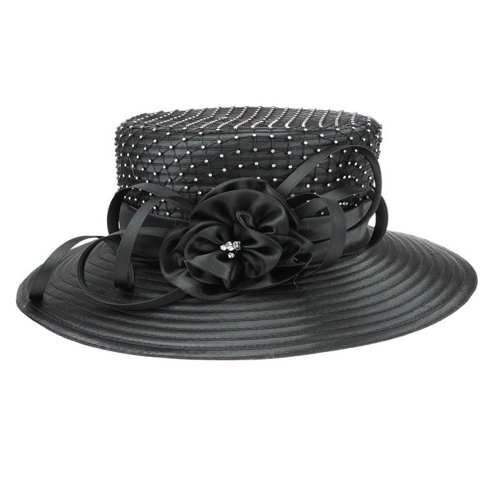 Stone Embellished Flower Bow Accented Dressy Hat - Especially Yours