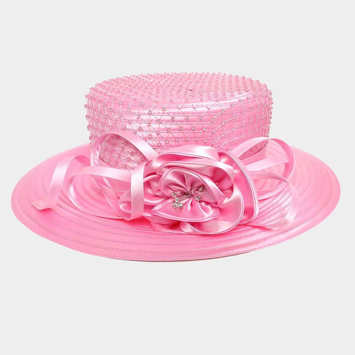 Stone Embellished Flower Bow Accented Dressy Hat - Especially Yours