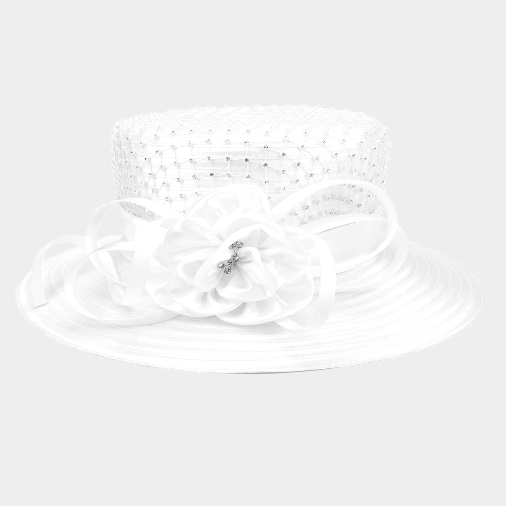 Stone Embellished Flower Bow Accented Dressy Hat - Especially Yours