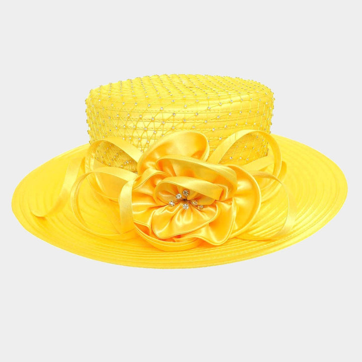 Stone Embellished Flower Bow Accented Dressy Hat - Especially Yours