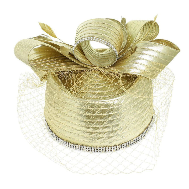 Rhinestone Rim Bow Top Feather Accented Mesh Dressy Hat - Especially Yours